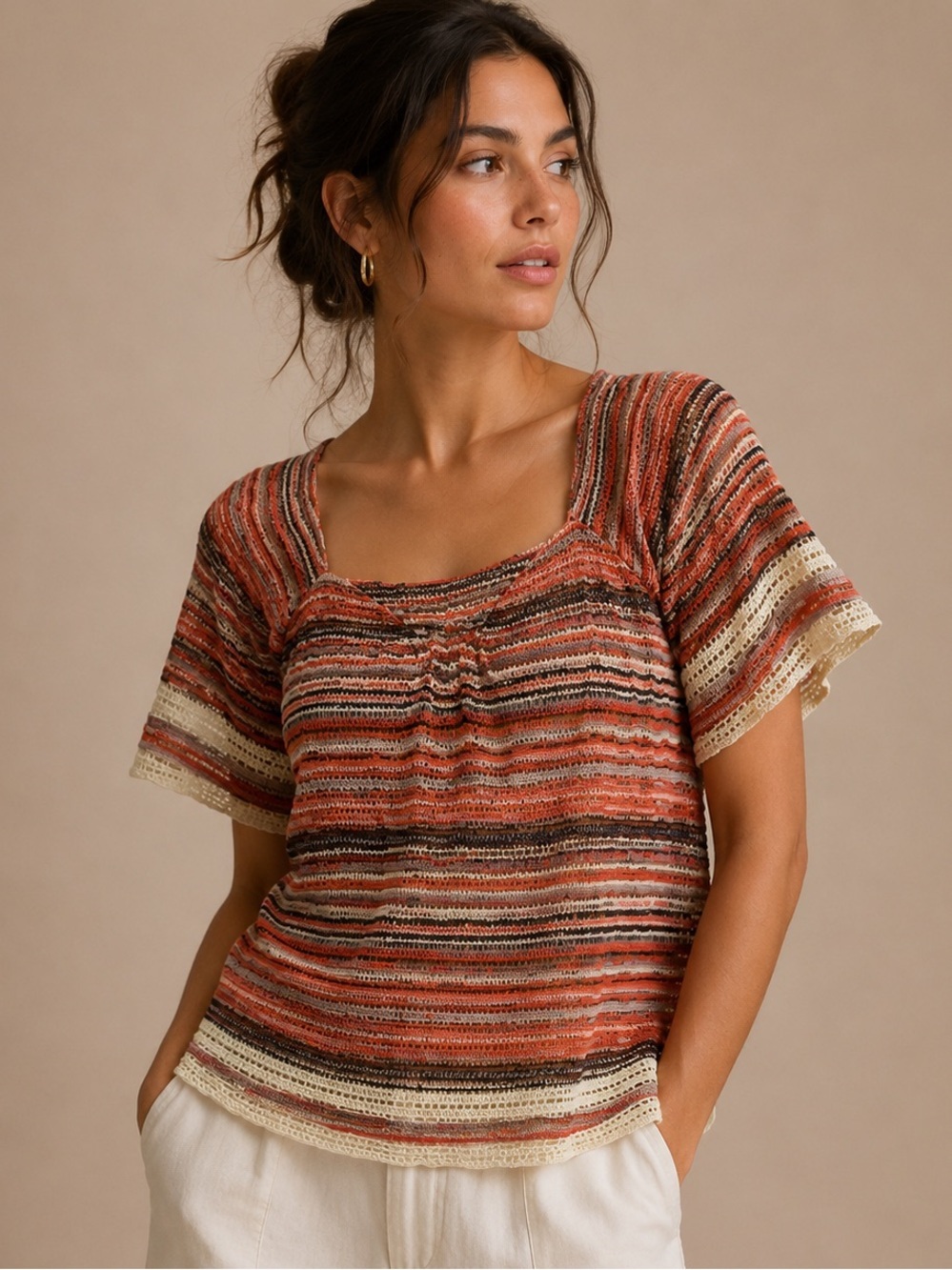 Ella Moss 100% Silk Stripe Boho Blouse Size M Designer Top